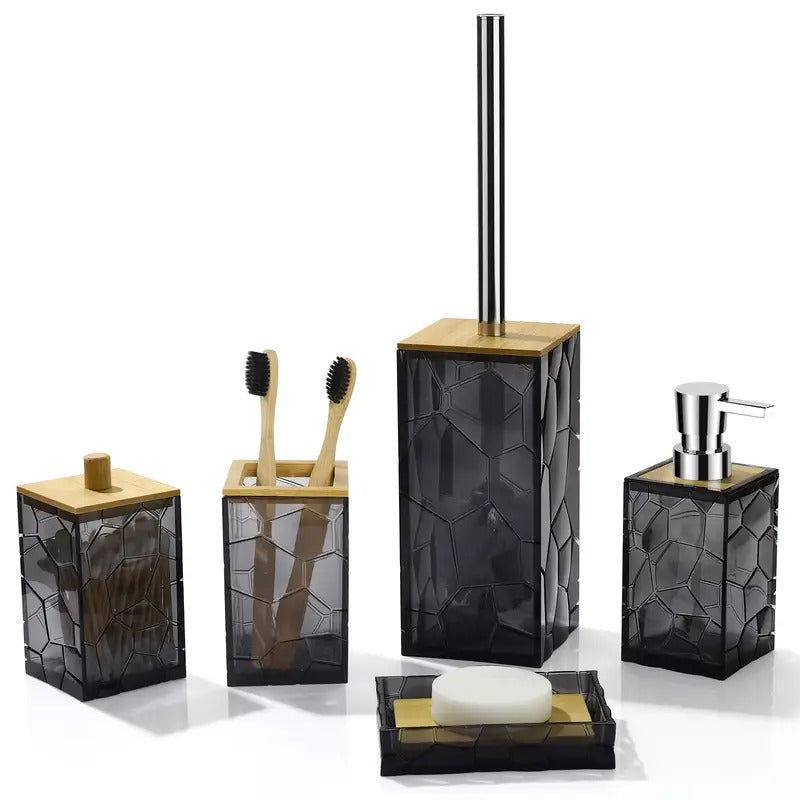 5pcs Bamboo Acrylic Transparent Bathroom Accessories Set
