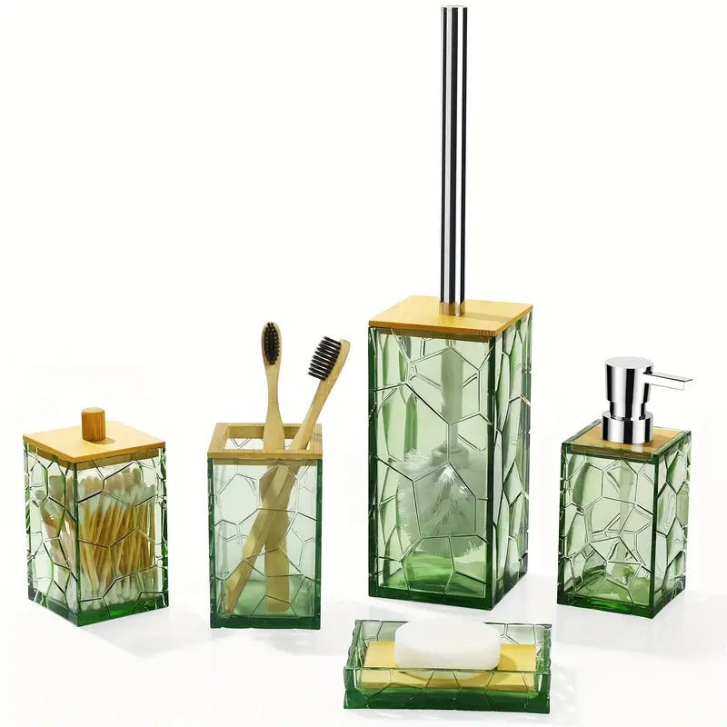 5pcs Bamboo Acrylic Transparent Bathroom Accessories Set