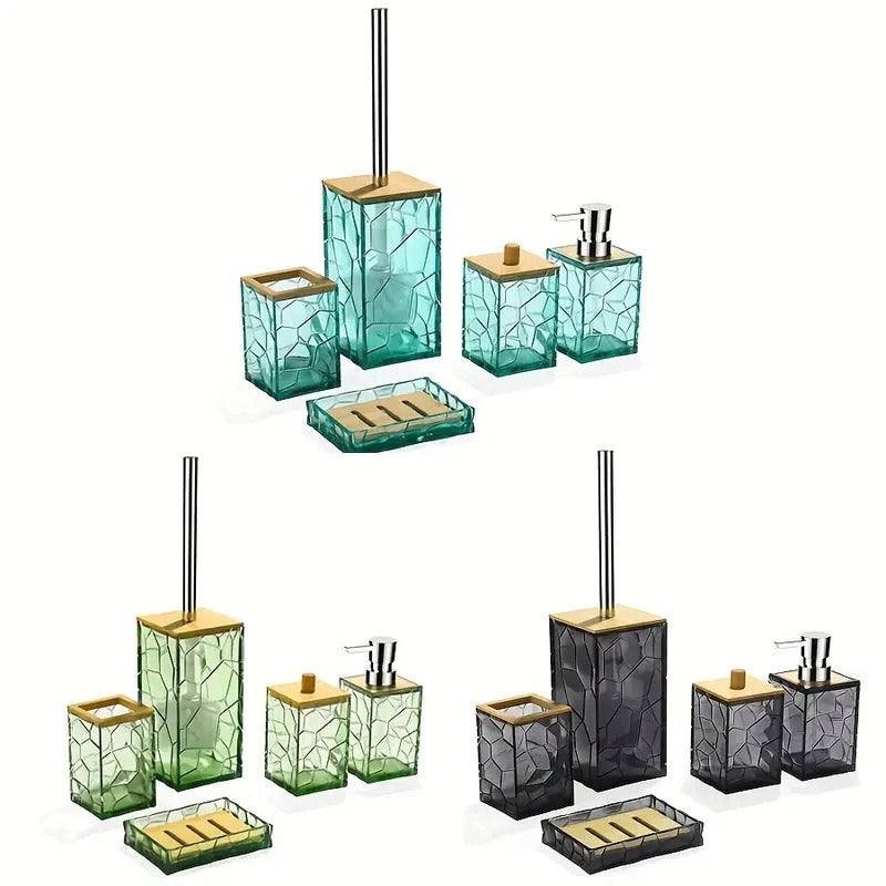 5pcs Bamboo Acrylic Transparent Bathroom Accessories Set