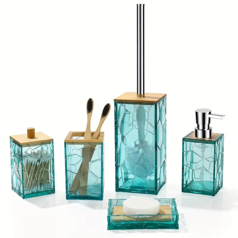 5pcs Bamboo Acrylic Transparent Bathroom Accessories Set