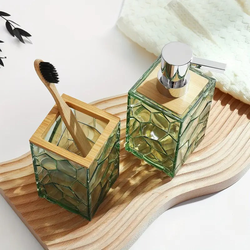 5pcs Bamboo Acrylic Transparent Bathroom Accessories Set