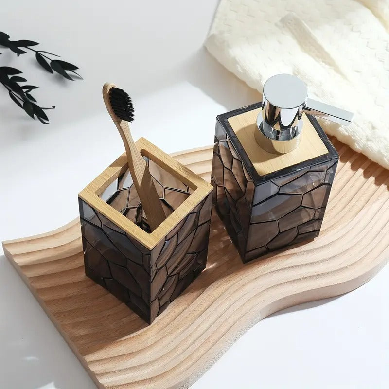 5pcs Bamboo Acrylic Transparent Bathroom Accessories Set