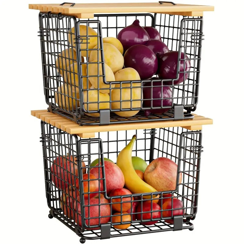 2 Set Stackable Wire Basket with Bamboo Top