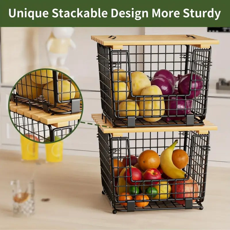 2 Set Stackable Wire Basket with Bamboo Top
