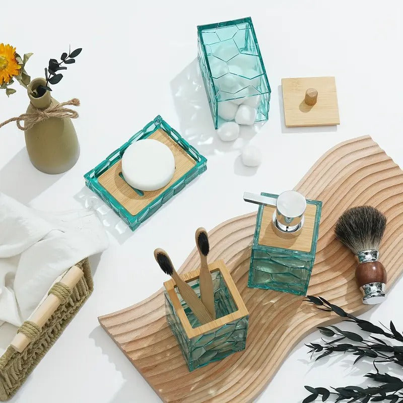 5pcs Bamboo Acrylic Transparent Bathroom Accessories Set