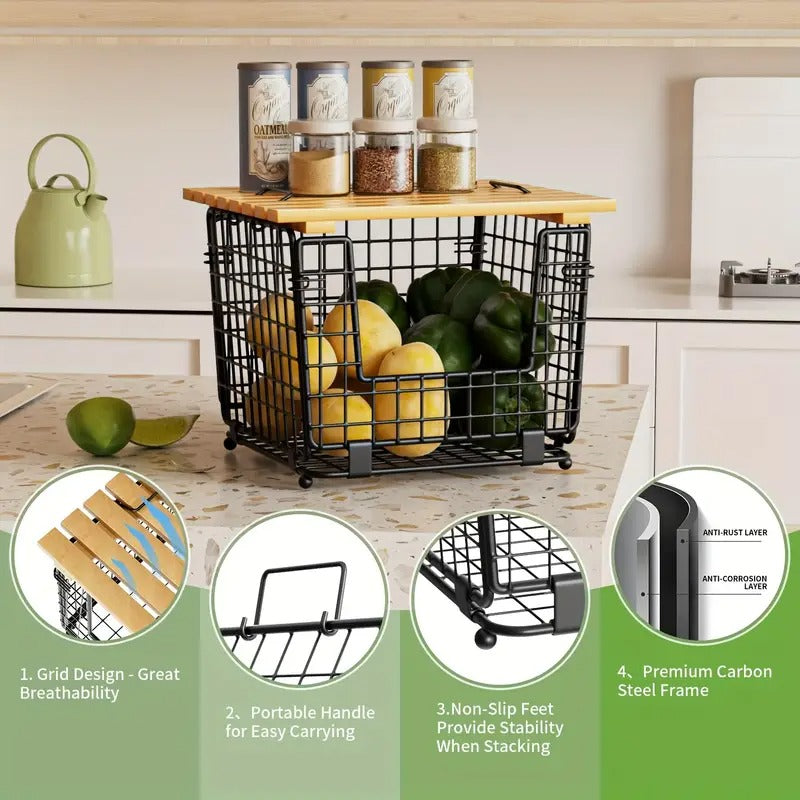 2 Set Stackable Wire Basket with Bamboo Top