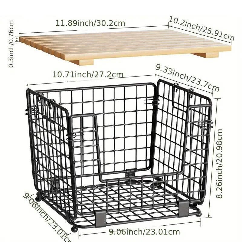 2 Set Stackable Wire Basket with Bamboo Top